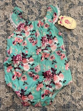 Floral Ruffled Baby Romper in Aqua and Pink